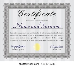 Grey Certificate of achievement template. Nice design. With guilloche pattern and background. Detailed. 