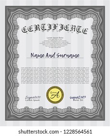 Grey Certificate of achievement template. Vector illustration. With complex background. Sophisticated design. 