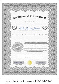 Grey Certificate of achievement template. Vector illustration. Complex background. Good design. 