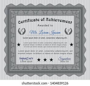 Grey Certificate of achievement template. Vector illustration. With guilloche pattern. Perfect design. 