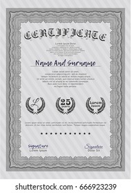 Grey Certificate of achievement template. Vector illustration. Complex background. Good design. 