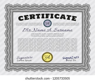 Grey Certificate of achievement. Vector illustration. Easy to print. Retro design. 