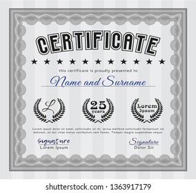 Grey Certificate of achievement. Vector illustration. With guilloche pattern and background. Good design. 