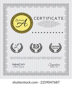 Grey Certificate.  Cordial design.  With linear background.  Vector illustration. 
