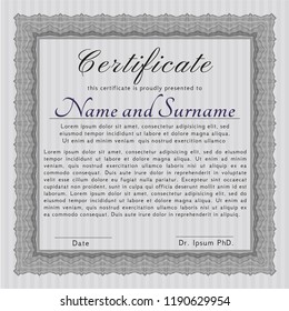 Grey Certificate diploma or award template. With great quality guilloche pattern. Beauty design. Vector illustration. 