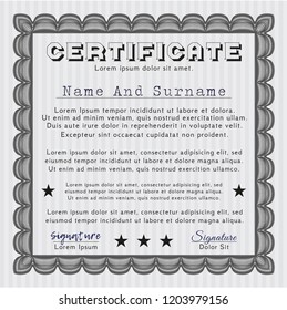 Grey Certificate diploma or award template. Vector illustration. Printer friendly. Cordial design. 