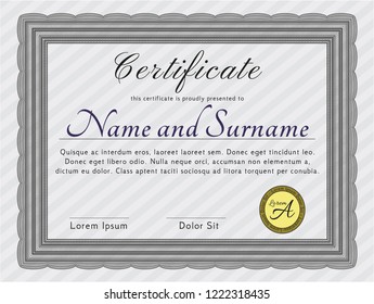 Grey Certificate diploma or award template. Perfect design. With guilloche pattern and background. Detailed. 
