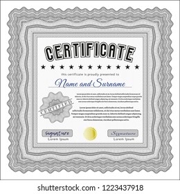 Grey Certificate diploma or award template. Printer friendly. Vector illustration. Cordial design. 