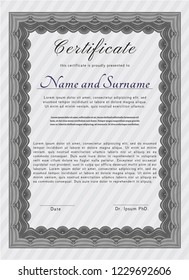 Grey Certificate diploma or award template. Vector illustration. Easy to print. Cordial design. 