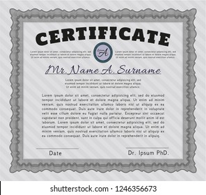 Grey Certificate diploma or award template. Nice design. Detailed. With guilloche pattern and background. 