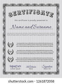 Grey Certificate diploma or award template. Money Pattern design. Detailed. With complex background. 