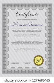 Grey Certificate diploma or award template. Printer friendly. Detailed. Money Pattern. 