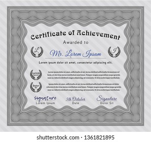 Grey Certificate diploma or award template. Beauty design. Detailed. With background. 
