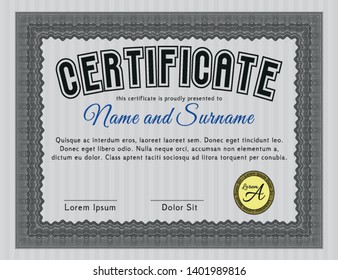 Grey Certificate diploma or award template. Vector illustration. Printer friendly. Money style design. 