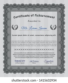 Grey Certificate diploma or award template. Complex background. Detailed. Superior design. 