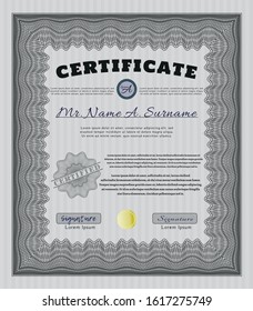 Grey Certificate diploma or award template. With complex linear background. Customizable, Easy to edit and change colors. Money Pattern. 