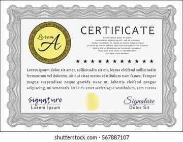 Grey Certificate diploma or award template. Vector illustration. Printer friendly. Money style design. 