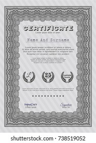 Grey Certificate diploma or award template. Complex background. Detailed. Artistry design. 