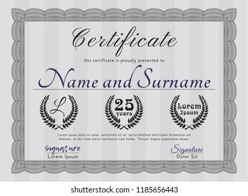 Grey Certificate or diploma template. With complex background. Money Pattern design. Vector illustration. 