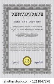 Grey Certificate or diploma template. With complex linear background. Detailed. Money Pattern design. 