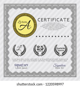 Grey Certificate or diploma template. With complex background. Vector illustration. Cordial design. 