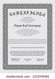 Grey Certificate or diploma template. With complex linear background. Detailed. Money Pattern design. 