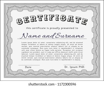 Grey Certificate or diploma template. Elegant design. With guilloche pattern and background. Vector illustration. 