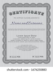 Grey Certificate or diploma template. Elegant design. Vector illustration. With guilloche pattern. 