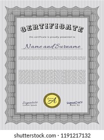 Grey Certificate or diploma template. Excellent design. With great quality guilloche pattern. Customizable, Easy to edit and change colors. 