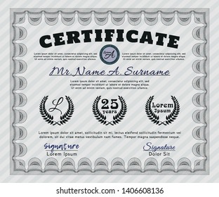 Grey Certificate or diploma template. Excellent design. Detailed. With complex linear background. 
