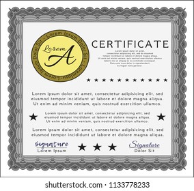 Grey Certificate or diploma template. With guilloche pattern and background. Sophisticated design. Detailed. 
