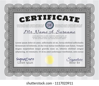 Grey Certificate or diploma template. Modern design. Vector illustration. With guilloche pattern. 