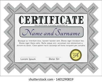 Grey Certificate or diploma template. Modern design. Detailed. With great quality guilloche pattern. 