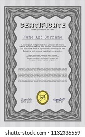 Grey Certificate or diploma template. Money design. Printer friendly. Detailed. 