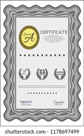 Grey Certificate or diploma template. Retro design. With linear background. Detailed. 