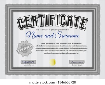Grey Certificate or diploma template. Retro design. Detailed. Complex background. 