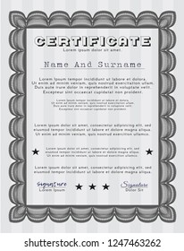 Grey Certificate or diploma template. Vector illustration. With complex background. Sophisticated design. 