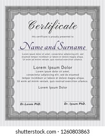 Grey Certificate or diploma template. Vector illustration. With great quality guilloche pattern. Money Pattern design. 