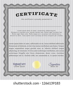 Grey Certificate or diploma template. Vector illustration. With complex linear background. Beauty design. 
