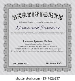 Grey Certificate or diploma template. Vector illustration. Printer friendly. Cordial design. 