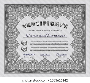 Grey Certificate or diploma template. Vector illustration. With complex linear background. Cordial design. 