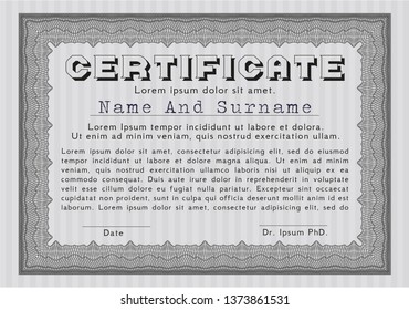 Grey Certificate or diploma template. Vector illustration. Printer friendly. Cordial design. 