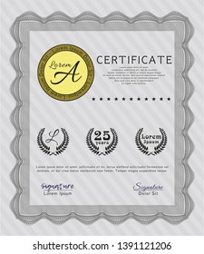 Grey Certificate or diploma template. Vector illustration. With guilloche pattern. Money Pattern. 