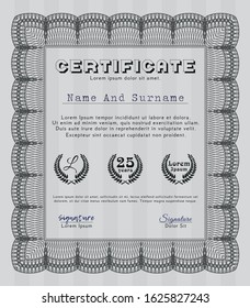 Grey Certificate or diploma template. Vector illustration. Complex background. Sophisticated design. 
