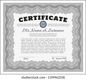Grey Certificate. With linear background. Vector illustration. Money Pattern. 
