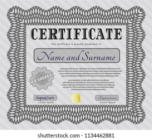 Grey Certificate template or diploma template. With complex linear background. Cordial design. Vector illustration. 