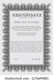 Grey Certificate template or diploma template. With complex background. Detailed. Cordial design. 