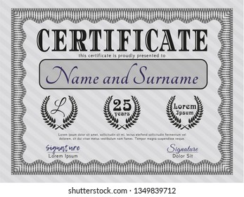 Grey Certificate template or diploma template. With complex background. Detailed. Artistry design. 