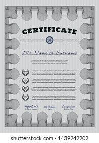 Grey Certificate template or diploma template. With complex linear background. Artistry design. Vector illustration. 