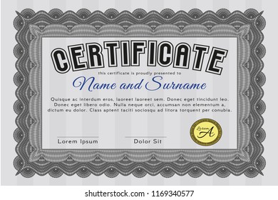 Grey Certificate template or diploma template. Vector illustration. With complex background. Money design. 